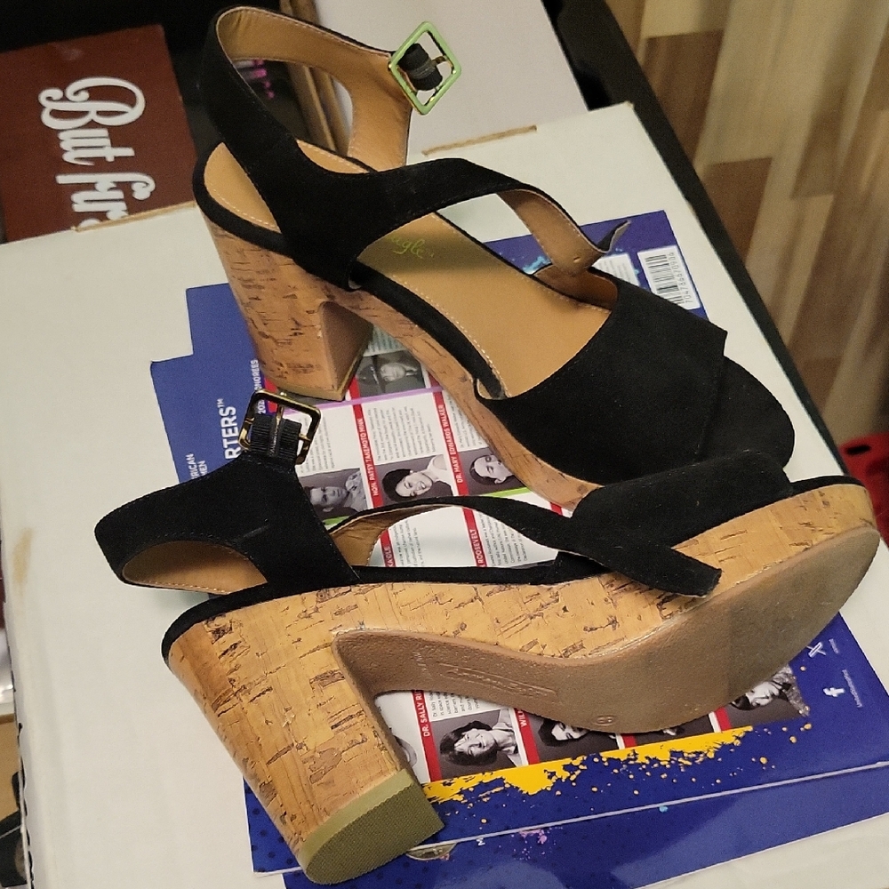 American Eagle Outfitters Black Platform Sandals with Cork Heel